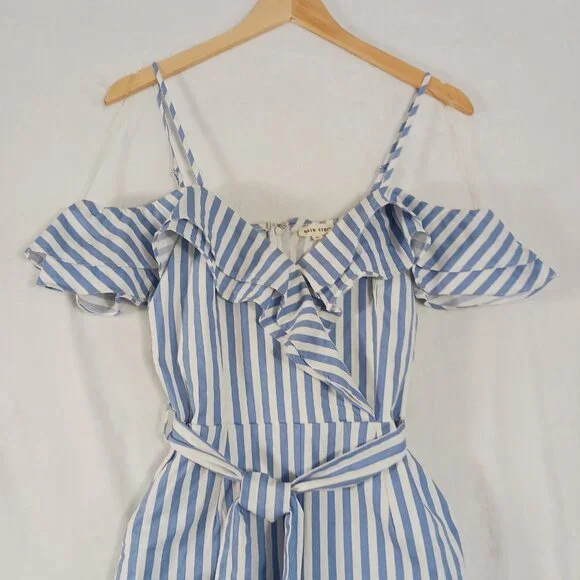 Main Strip, Blue & White Stripe, Off Shoulder Jumpsuit, Spaghetti Straps, Medium - Picture 3 of 14